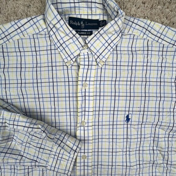 Ralph Lauren Button Up Shirt Mens Long Sleeve Size 15 32/33 Classic Blue Yellow - Picture 1 of 14